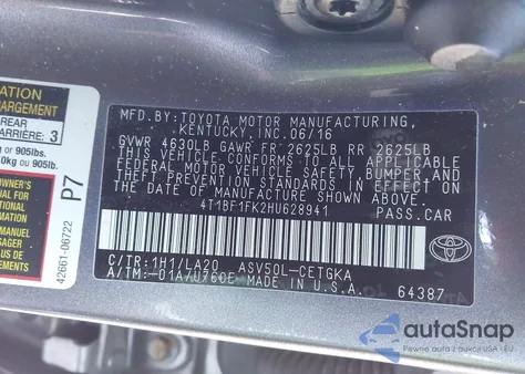 2017 Toyota Camry Xle z USA, uszkodzony, nr VIN 4T1BF1FK2HU628941